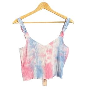 BCBGeneration Tank Blue Tie-Dye Ribbed Knit‎ Ruffle  Straps Small New